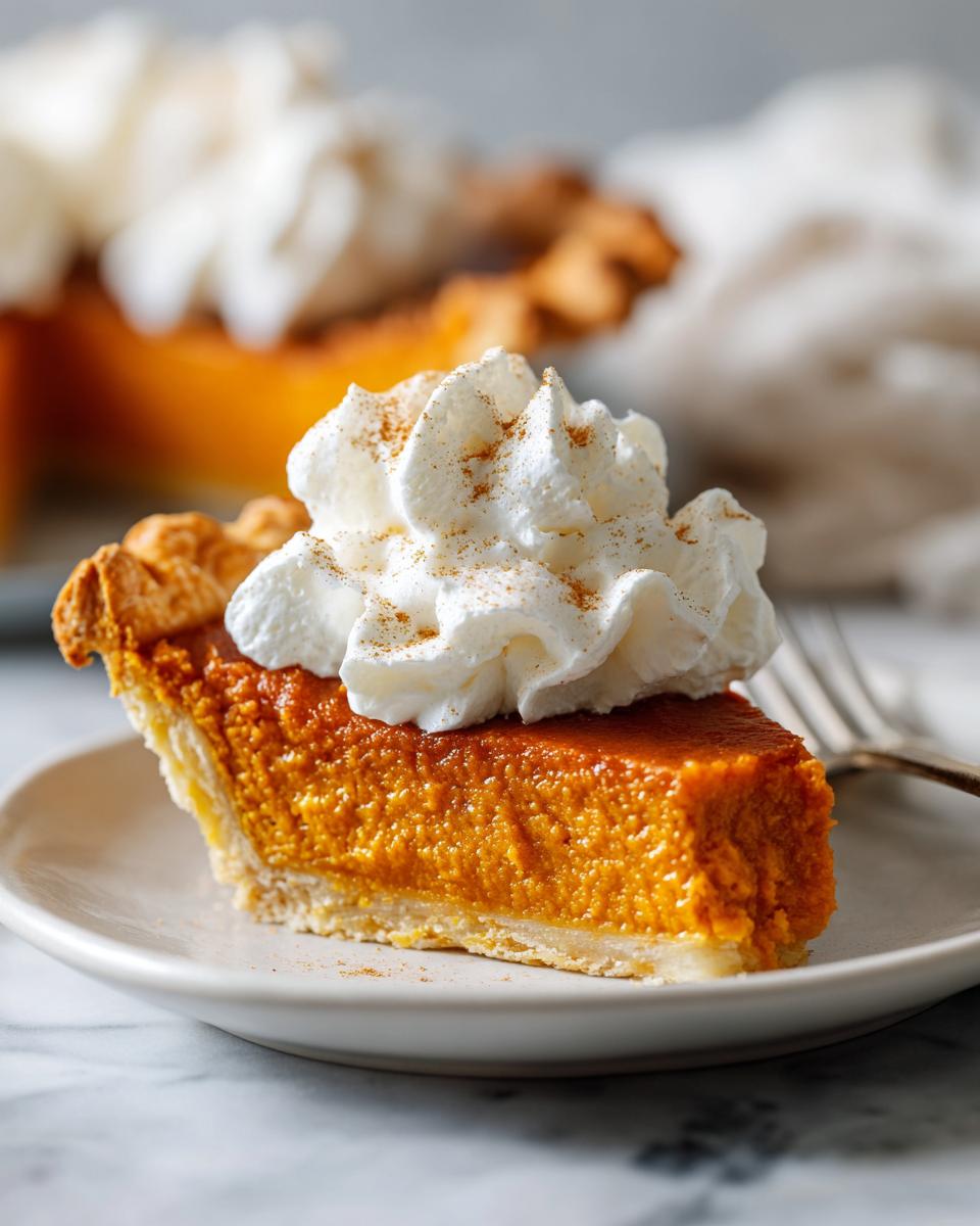 A perfect slice of Classic Pumpkin Pie topped with spiced whipped cream on a white plate.
