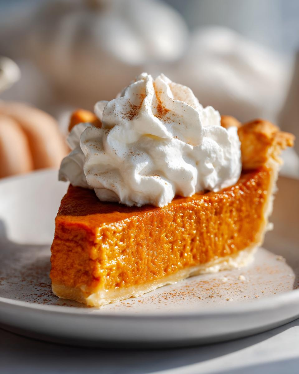 A perfect slice of Classic Pumpkin Pie topped with spiced whipped cream and a dusting of cinnamon.