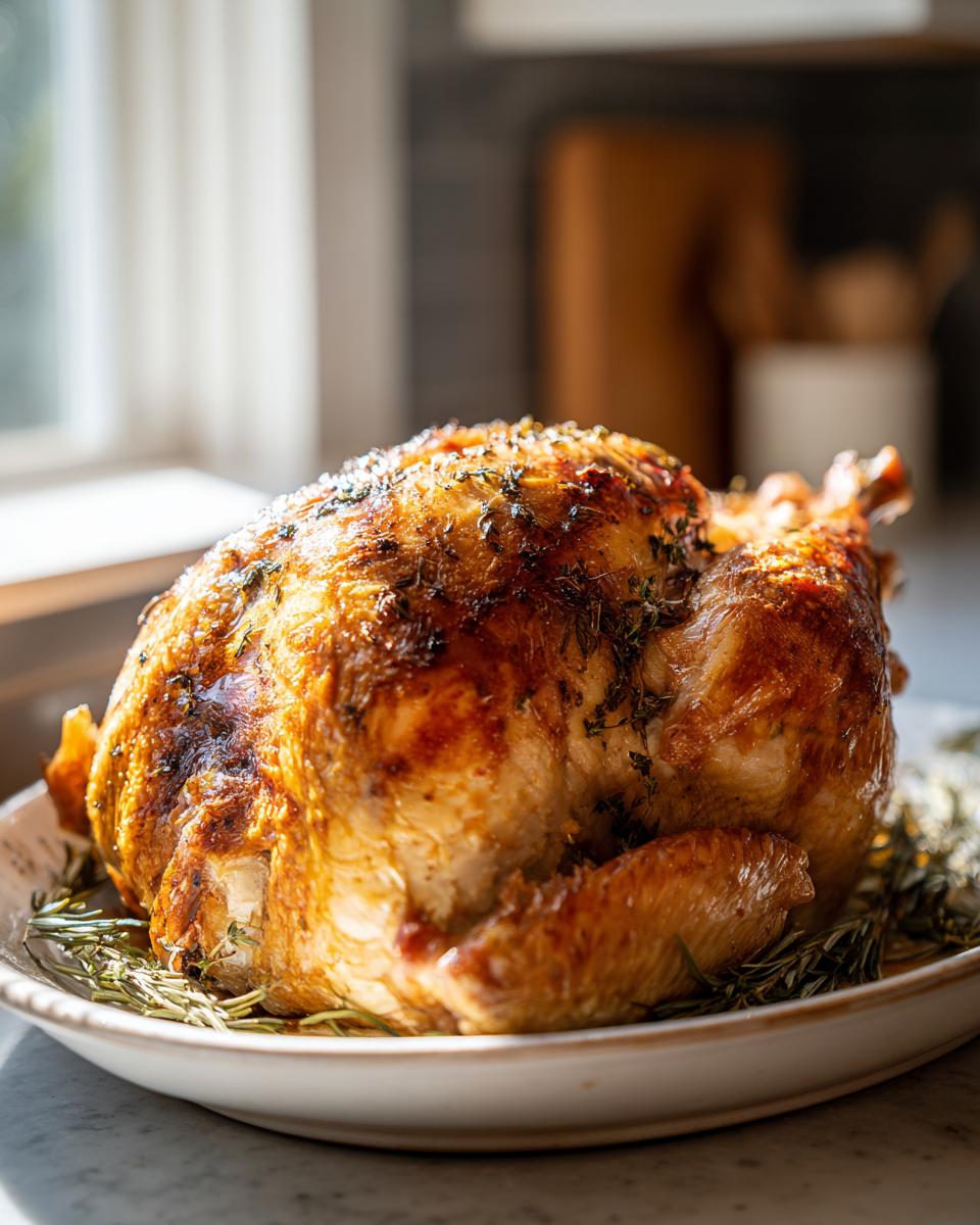 A perfectly golden Classic Roast Turkey, seasoned with herbs and resting on a bed of rosemary.