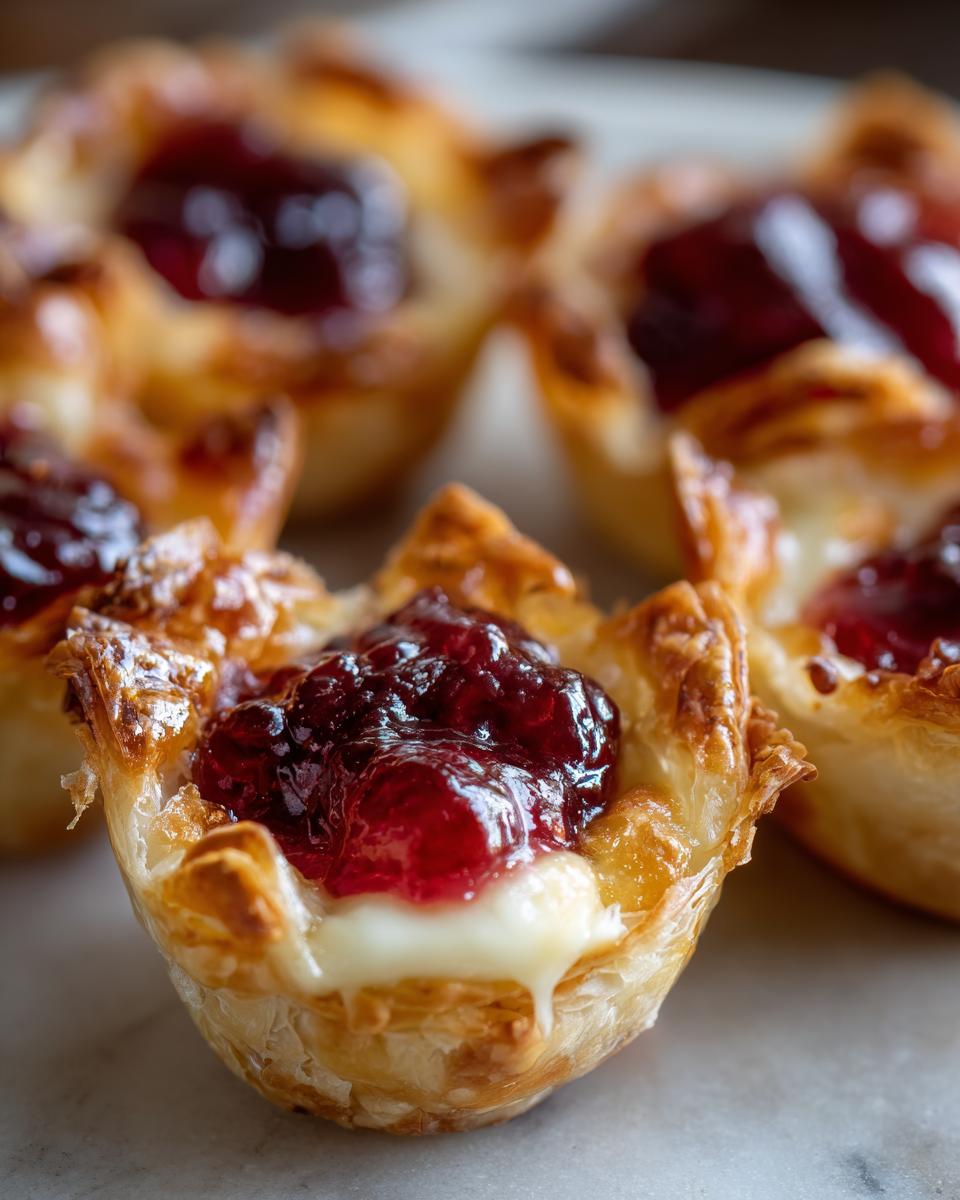 Close-up of a Cranberry Brie Phyllo Cup, featuring flaky pastry filled with melted brie and topped with glistening cranberry sauce.