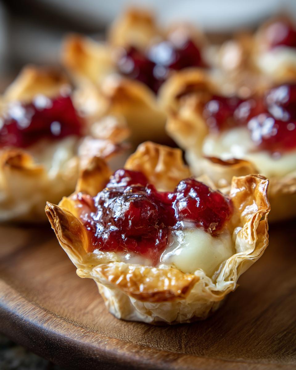 Close-up of a Cranberry Brie Phyllo Cup, featuring flaky phyllo dough filled with melted brie and topped with glistening cranberry sauce.