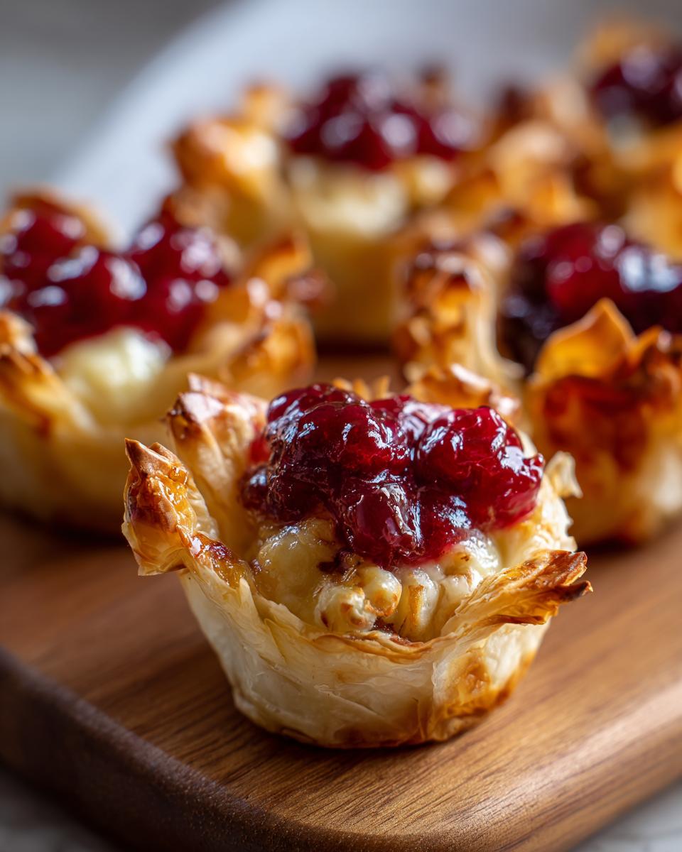 Close-up of Cranberry Brie Phyllo Cups, featuring flaky phyllo pastry filled with melted brie and topped with cranberry sauce.