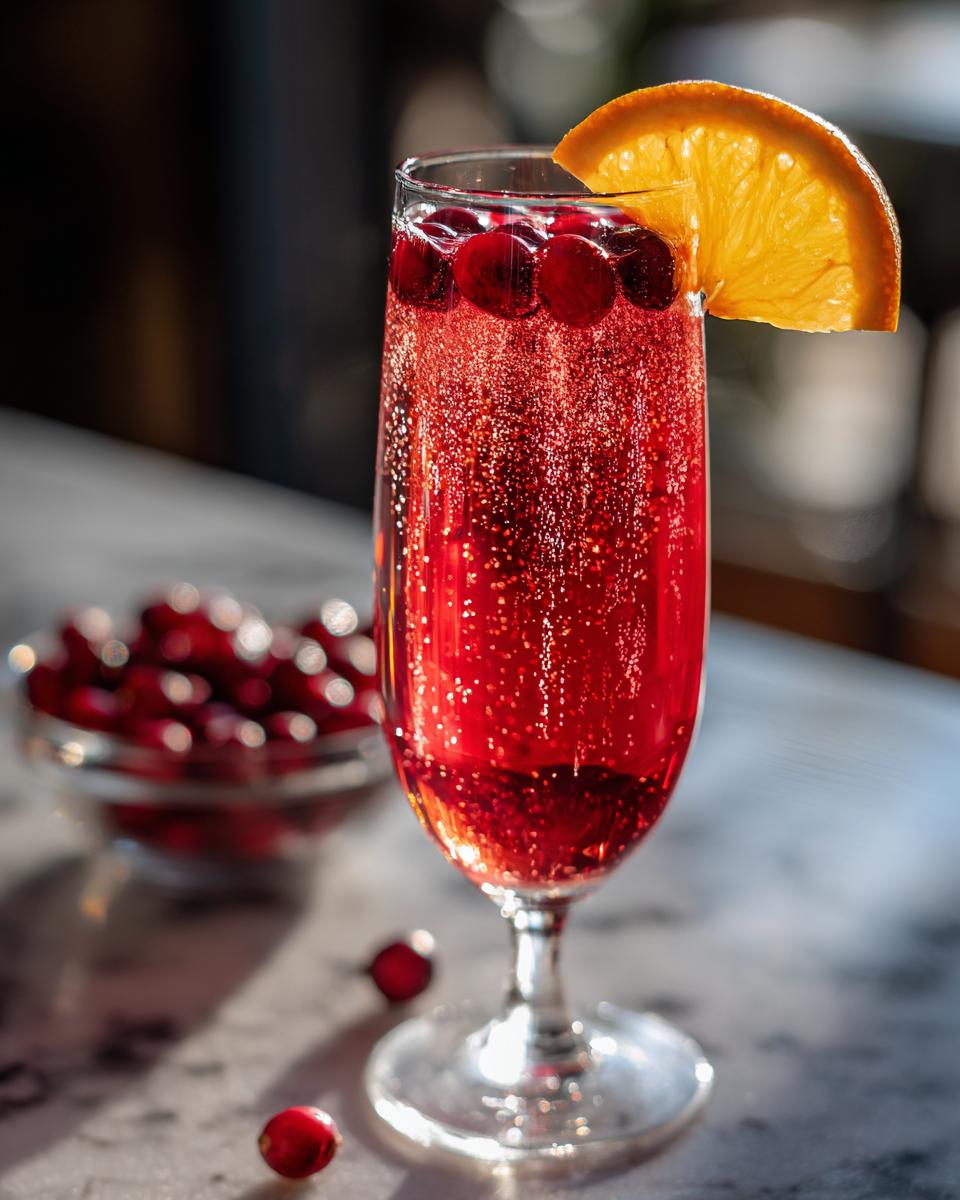 A sparkling Cranberry Mimosa in a flute glass, garnished with fresh cranberries and an orange slice. A bowl of cranberries is in the background.