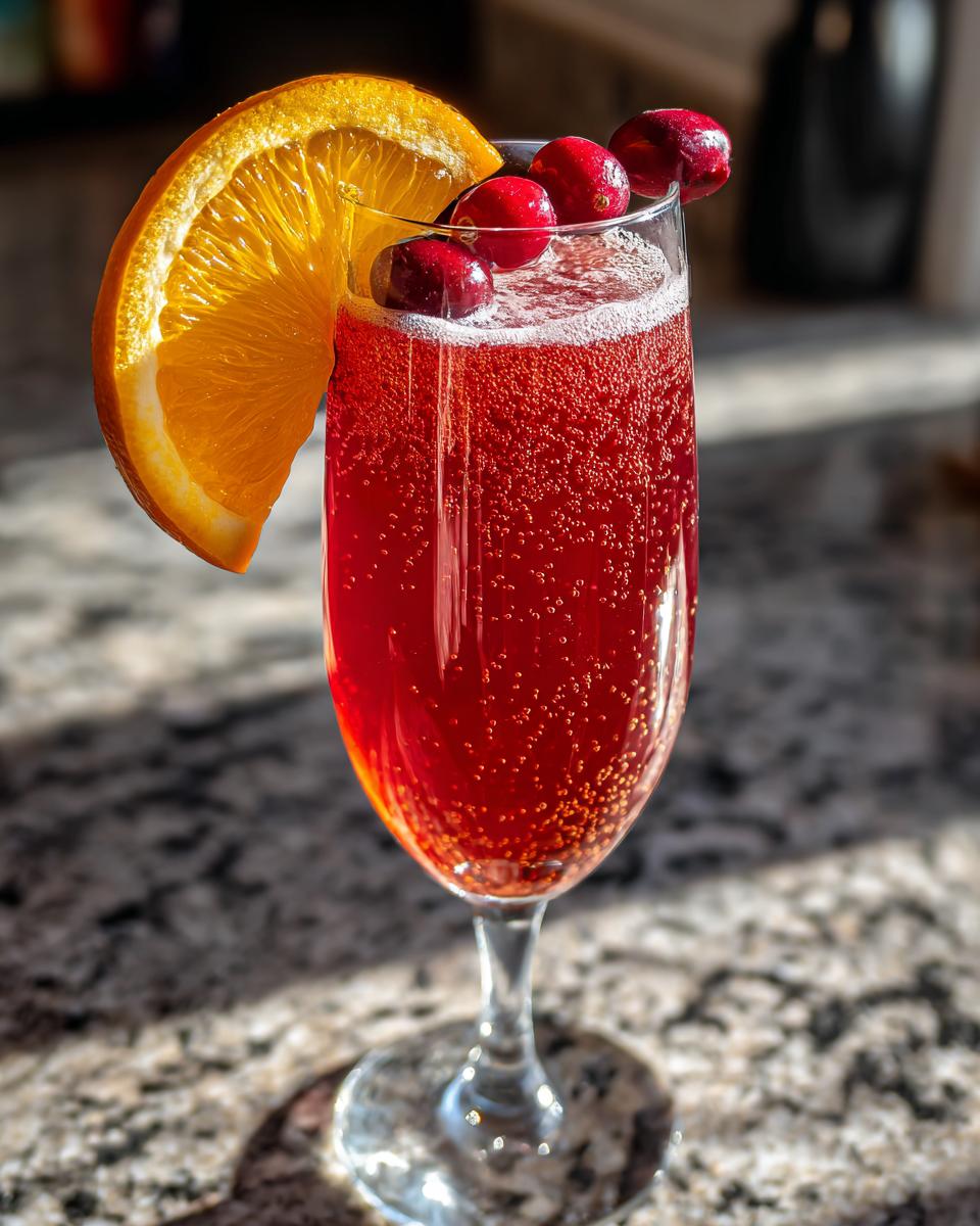 A festive Cranberry Mimosa in a champagne flute, garnished with an orange slice and fresh cranberries.