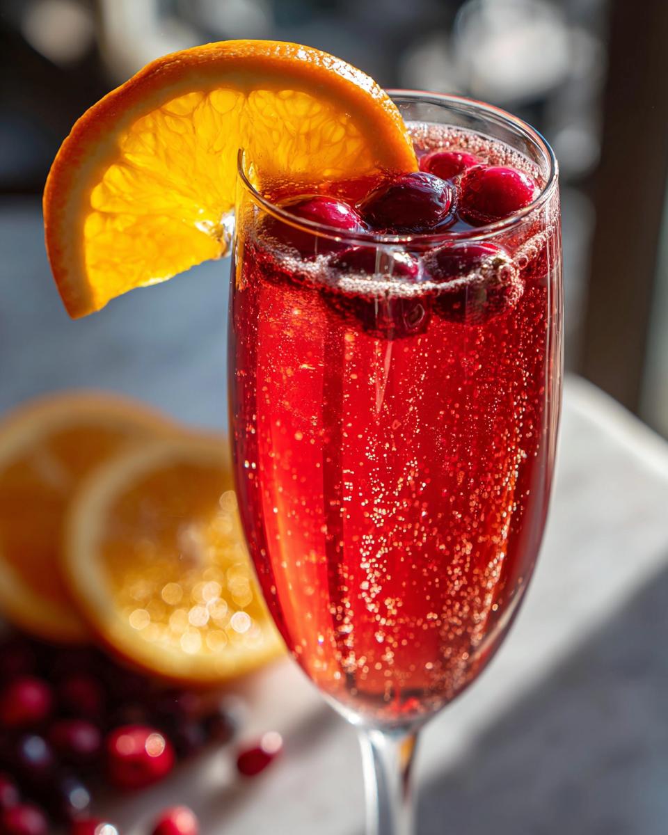 A close-up of a festive Cranberry Mimosa cocktail in a champagne flute, garnished with an orange slice and fresh cranberries.
