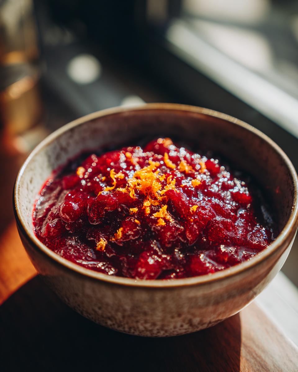 Close-up of vibrant Cranberry-Orange Sauce Made from Scratch in a rustic bowl, topped with orange zest.
