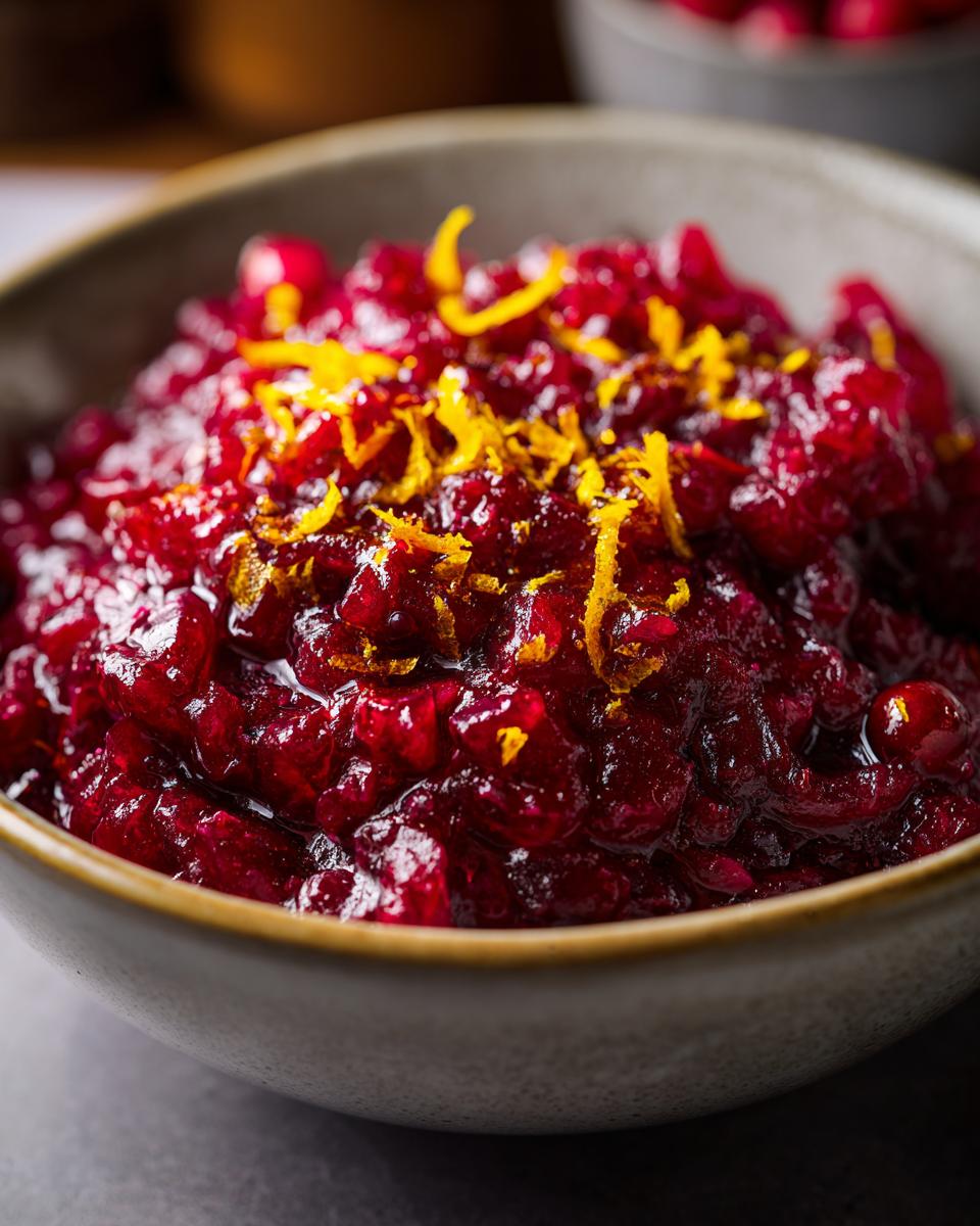 Close-up of vibrant Cranberry-Orange Sauce Made from Scratch, garnished with orange zest, in a rustic bowl.