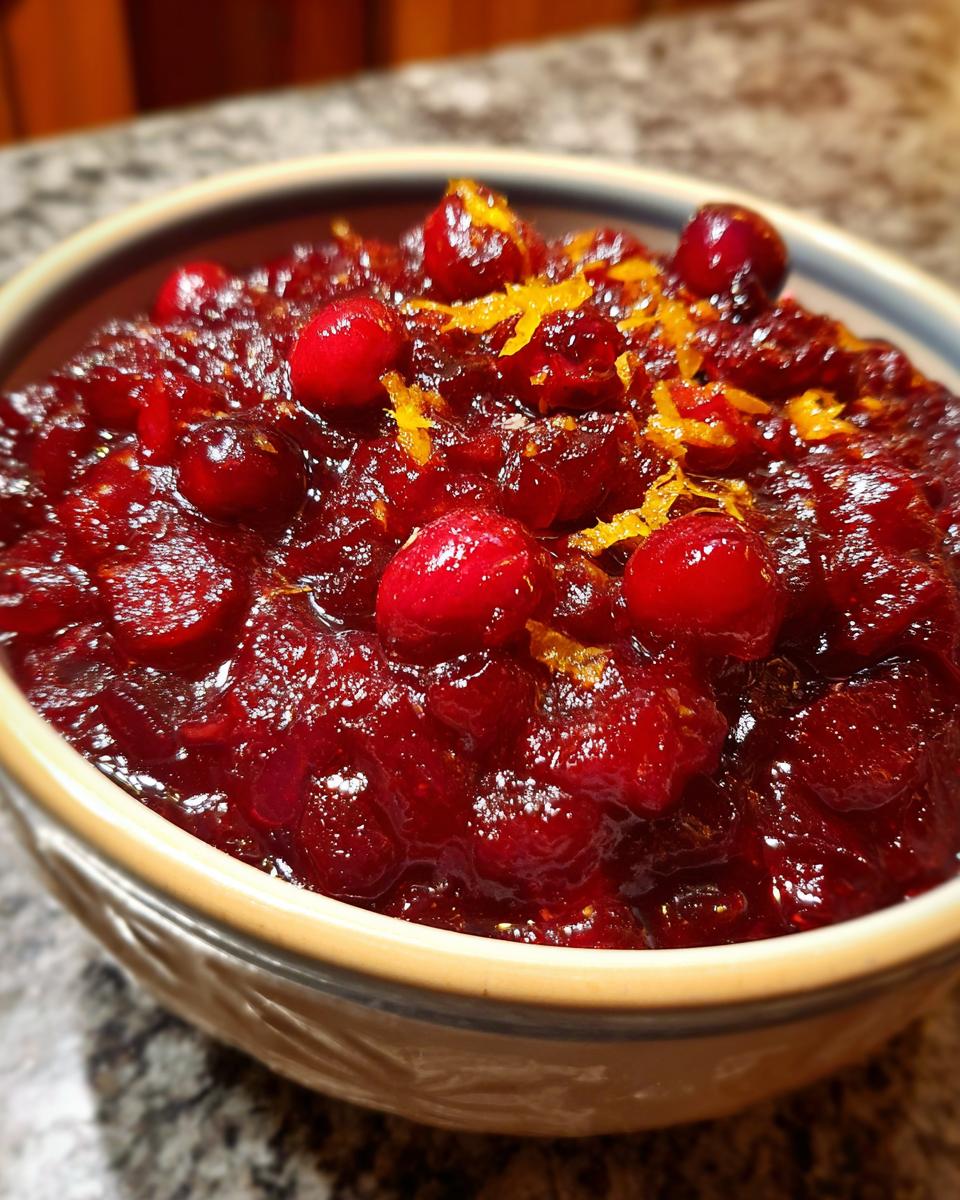 Close-up of a bowl filled with vibrant Cranberry-Orange Sauce Made from Scratch, garnished with whole cranberries and orange zest.