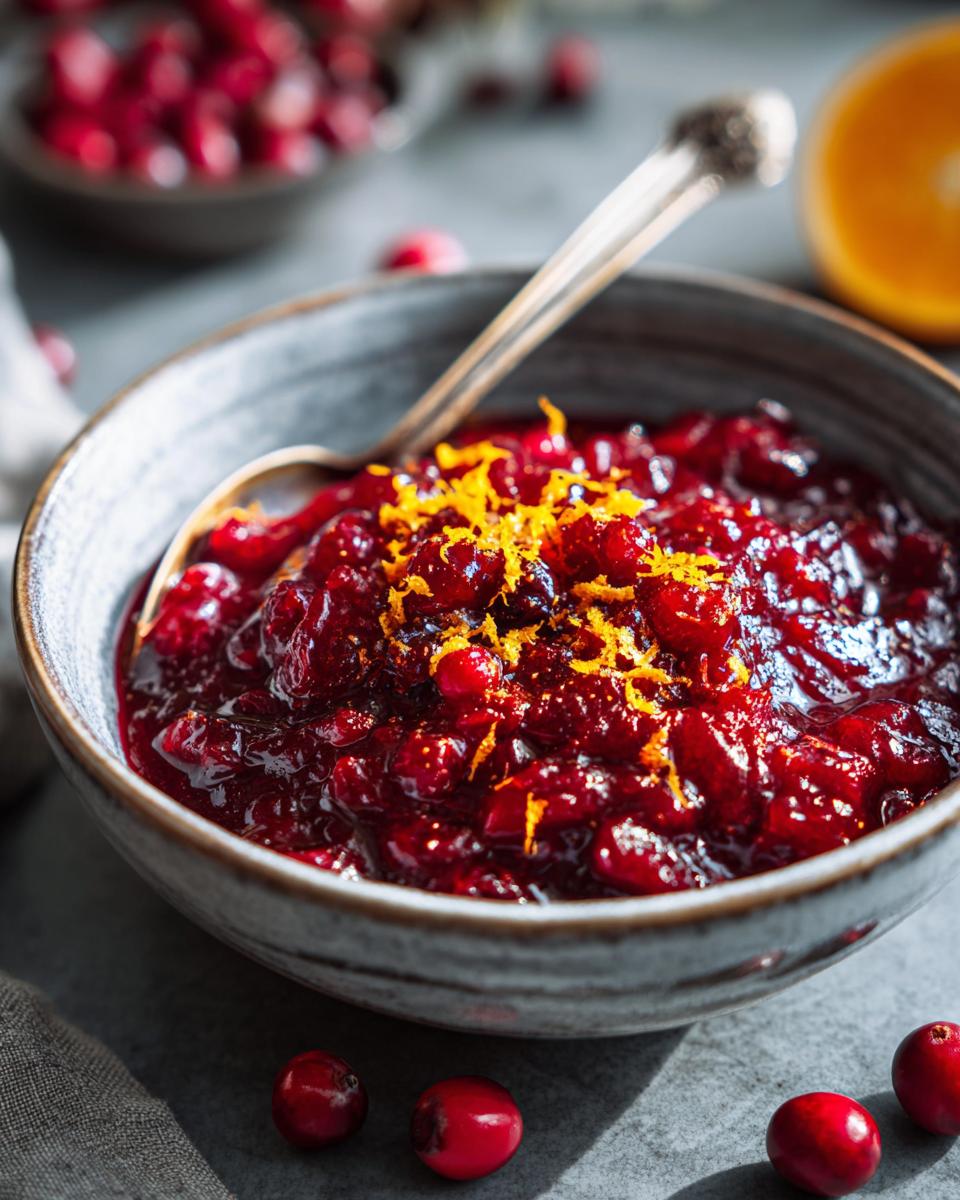 A bowl of homemade Cranberry-Orange Sauce Made from Scratch, garnished with orange zest.