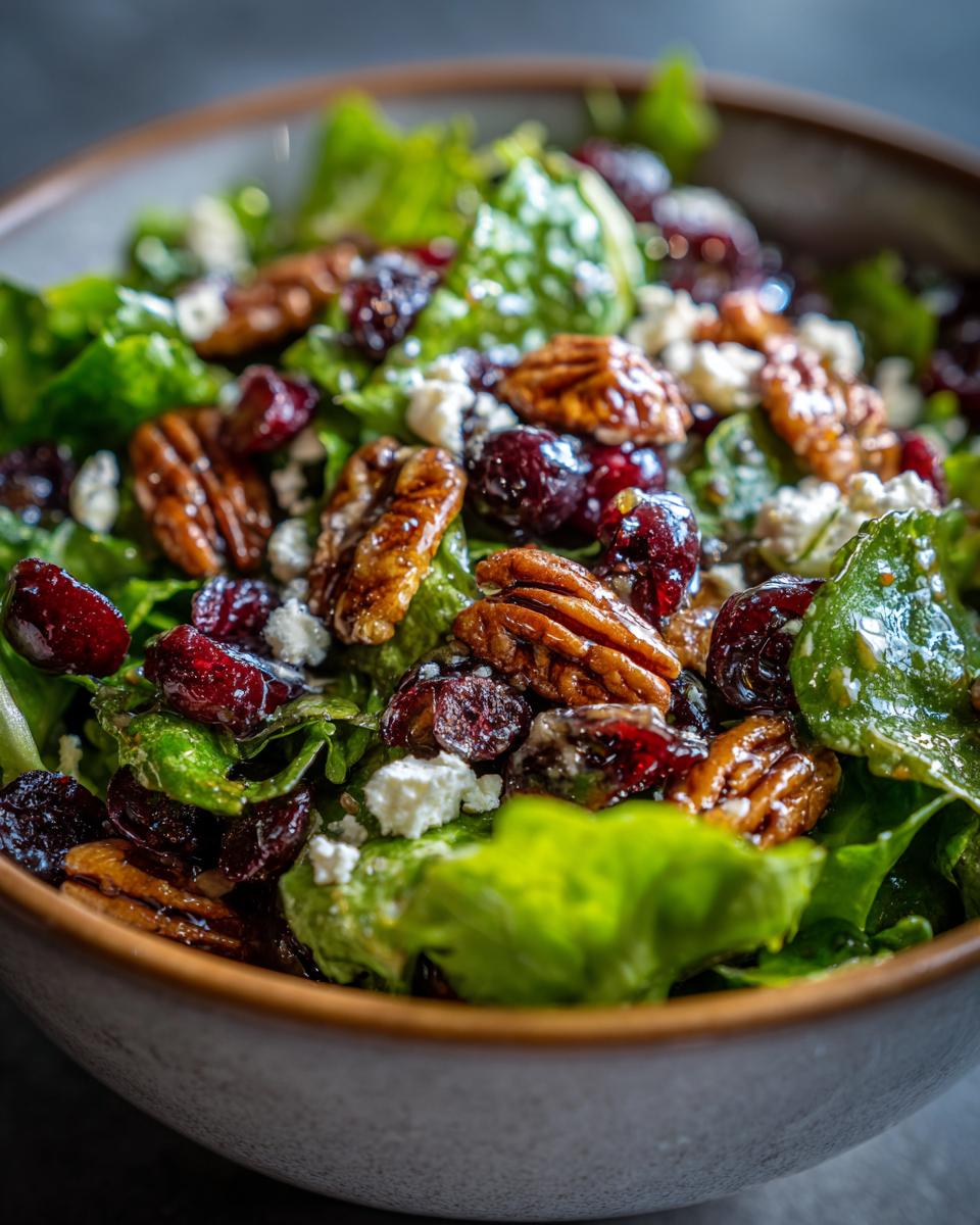 A close-up of a vibrant Cranberry Pecan Salad with Honey Dressing, featuring fresh greens, toasted pecans, dried cranberries, and crumbled cheese.