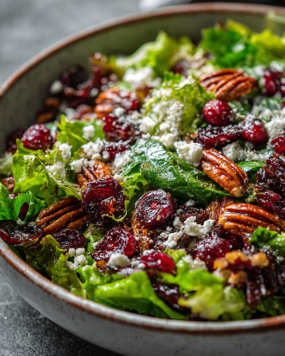 Close-up of a vibrant Cranberry Pecan Salad with Honey Dressing, featuring fresh greens, dried cranberries, toasted pecans, and crumbled feta cheese.