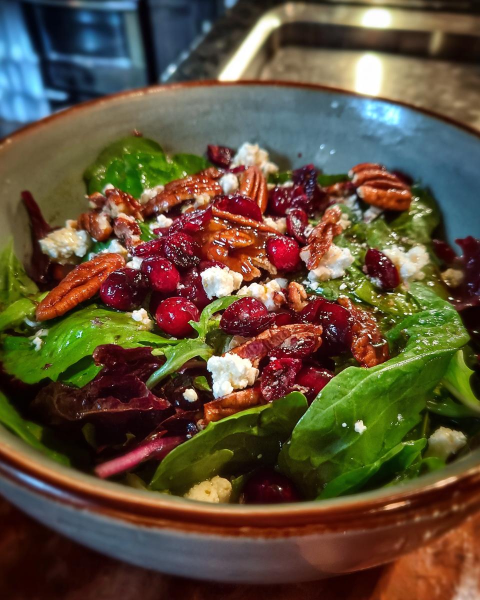 A close-up of a bowl filled with Cranberry Pecan Salad with Honey Dressing, featuring greens, cranberries, pecans, and feta cheese.