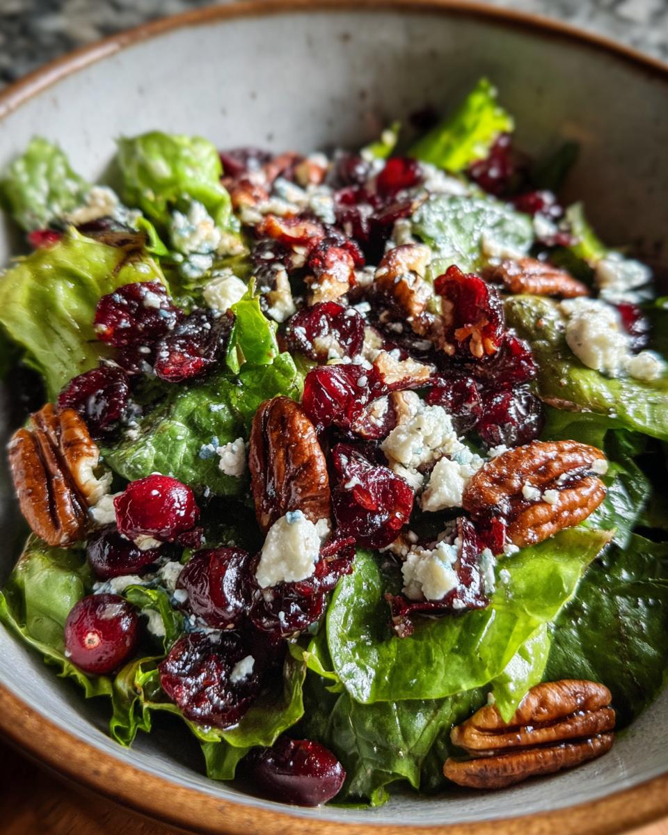 A vibrant bowl of Cranberry Pecan Salad with Honey Dressing, featuring crisp lettuce, dried cranberries, crunchy pecans, and crumbled blue cheese.