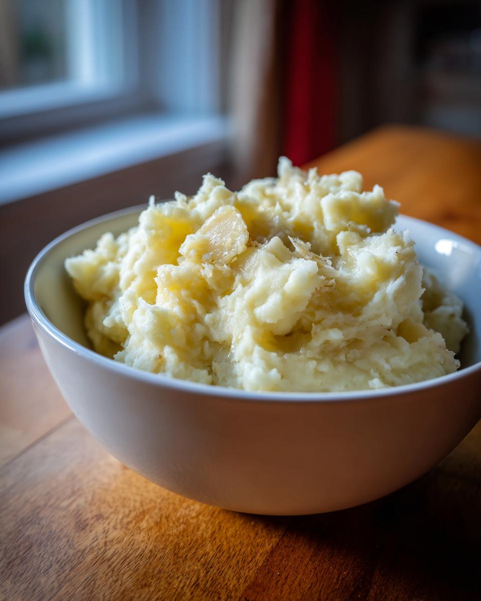 A close-up of a white bowl filled with creamy garlic mashed potatoes, glistening with butter.