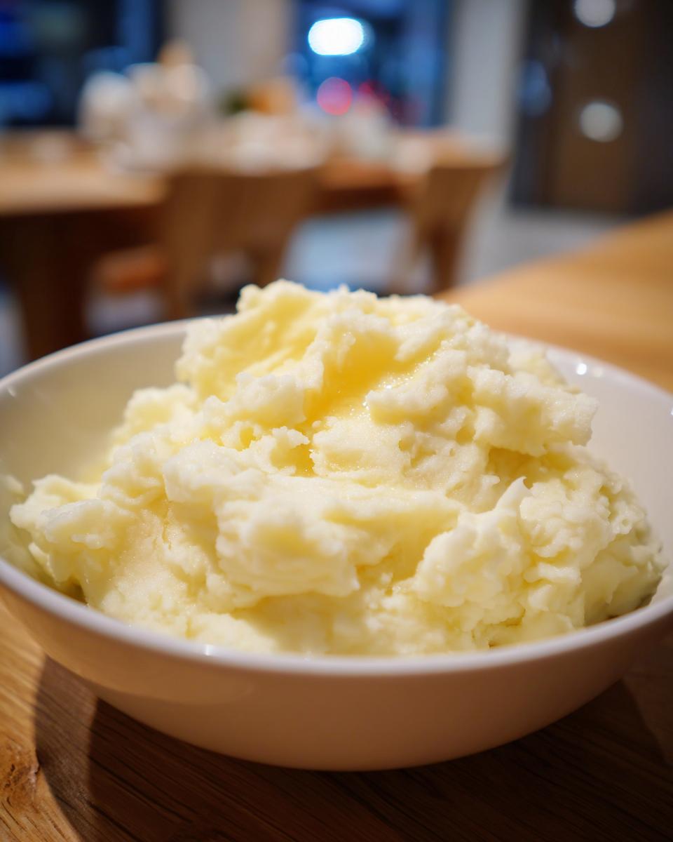A close-up of a white bowl filled with fluffy Creamy Garlic Mashed Potatoes, topped with melted butter.