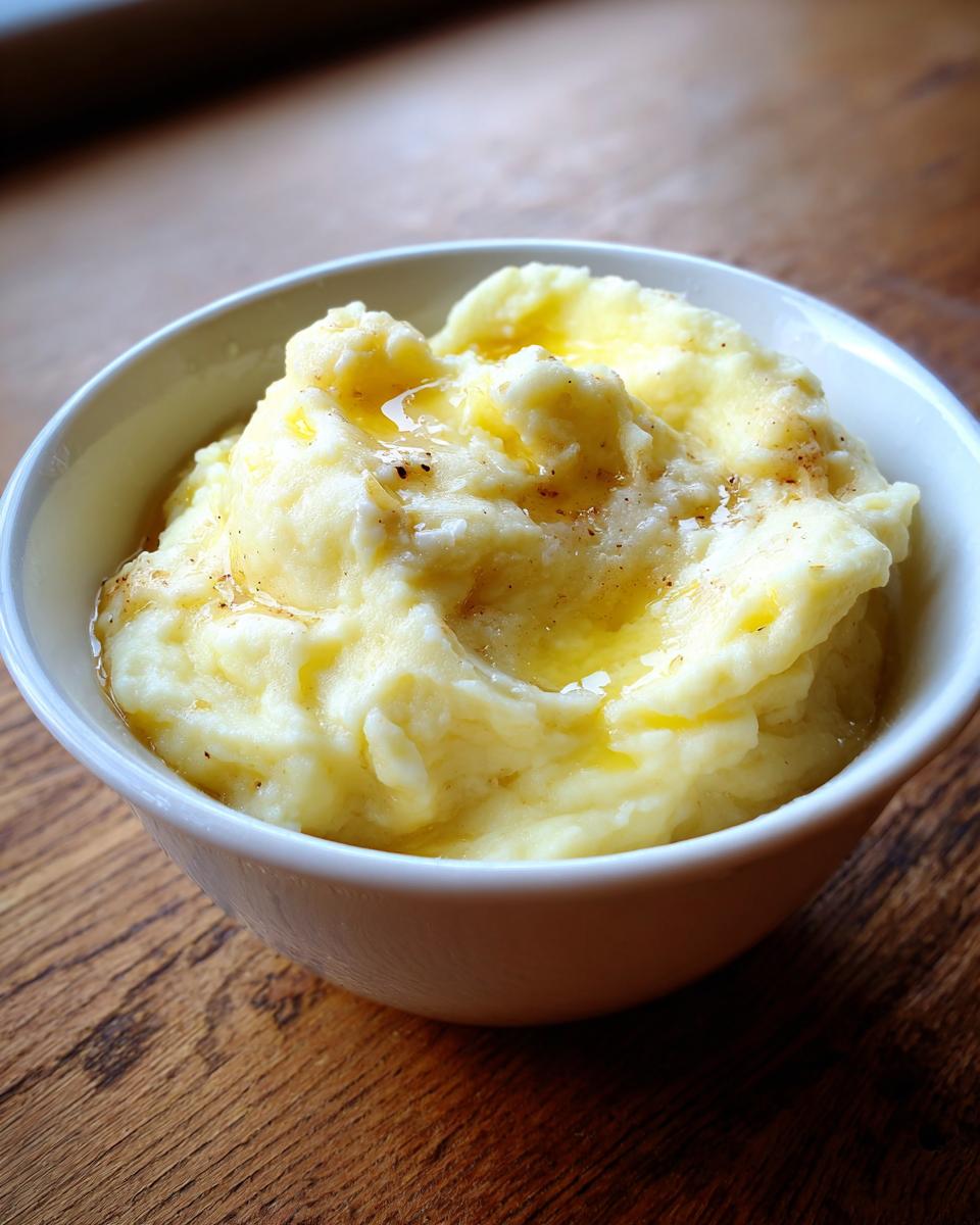 A close-up of a white bowl filled with creamy garlic mashed potatoes, topped with melted butter and spices.