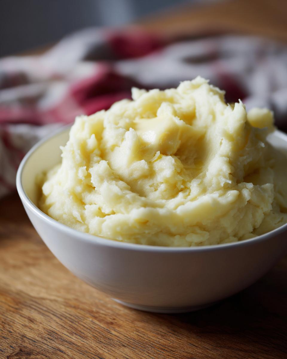 A close-up of a white bowl filled with fluffy Creamy Garlic Mashed Potatoes, topped with melted butter.