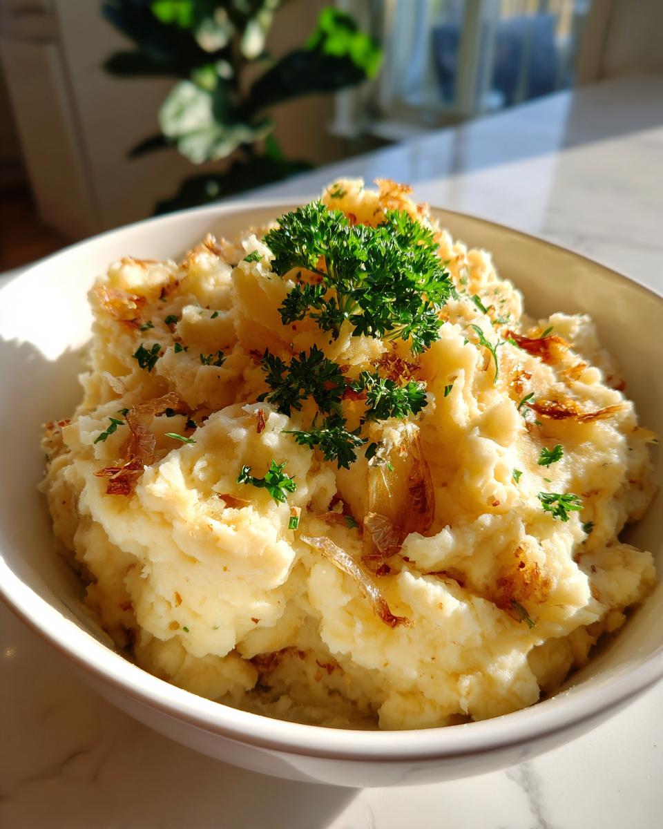 A bowl of creamy mashed potatoes with roasted garlic, topped with fresh parsley and crispy fried onions.