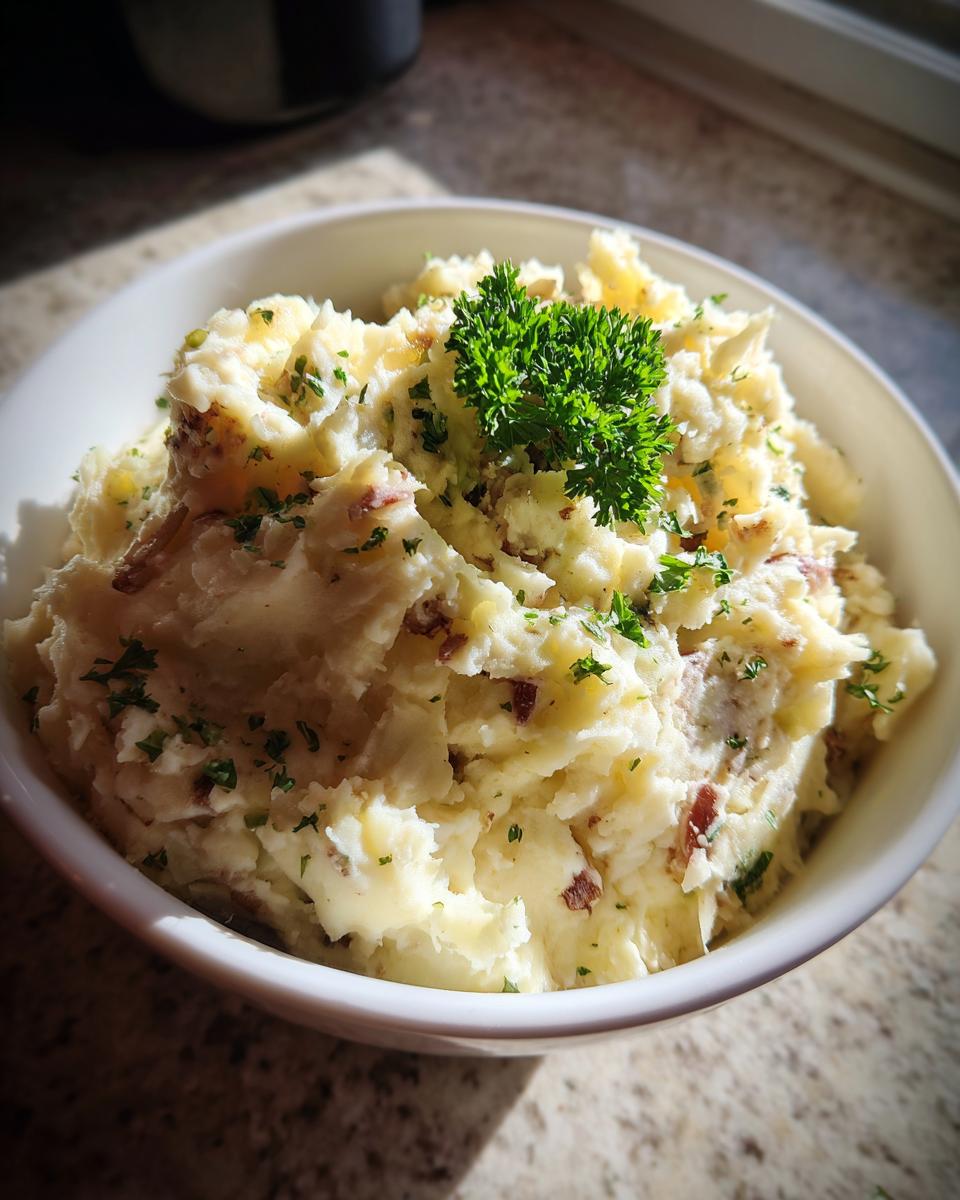 A bowl of fluffy Creamy Mashed Potatoes with Roasted Garlic, garnished with fresh parsley.
