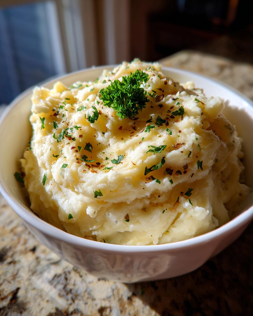 A bowl of fluffy Creamy Mashed Potatoes with Roasted Garlic, garnished with parsley and spices.