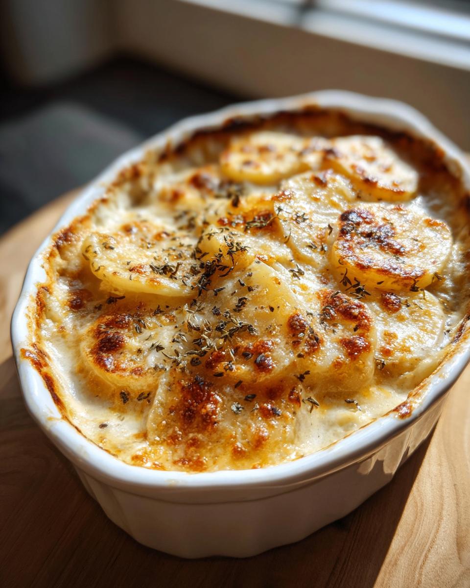 Close-up of a bubbly, golden-brown Creamy Potatoes au Gratin in a white baking dish, sprinkled with herbs.