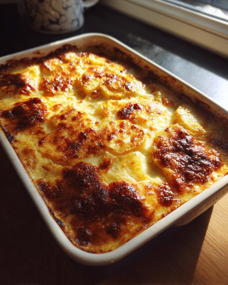 A close-up of a freshly baked Creamy Potatoes au Gratin in a white baking dish, with golden-brown cheesy crust.