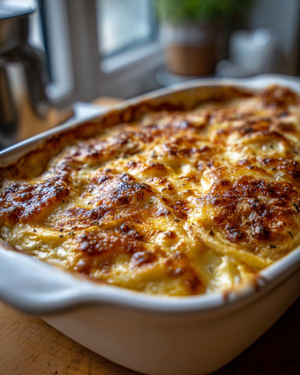 Close-up of a freshly baked Creamy Potatoes au Gratin in a white baking dish, with a golden-brown cheesy crust.