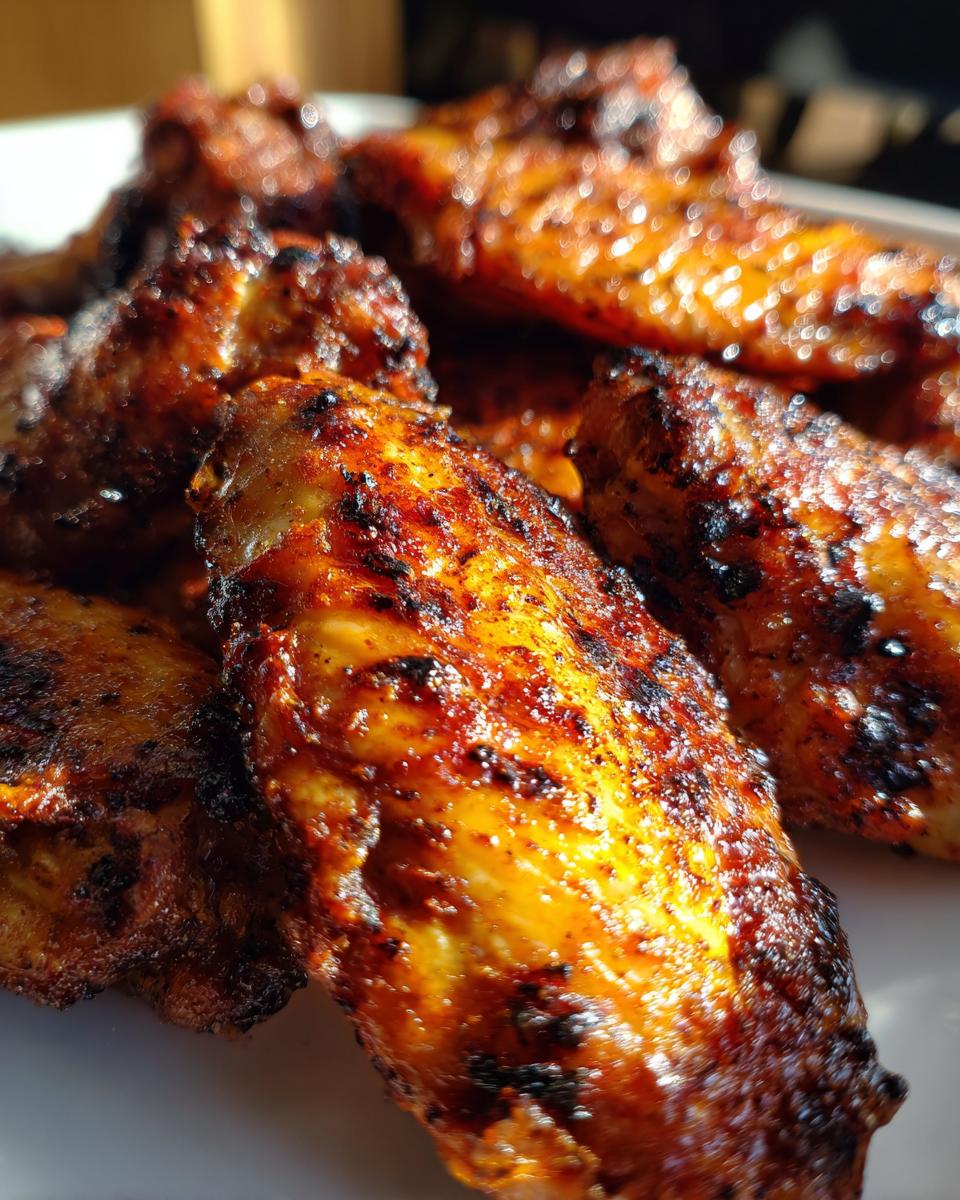 Close-up of perfectly cooked, crispy air fryer chicken wings with a glossy, spiced coating.