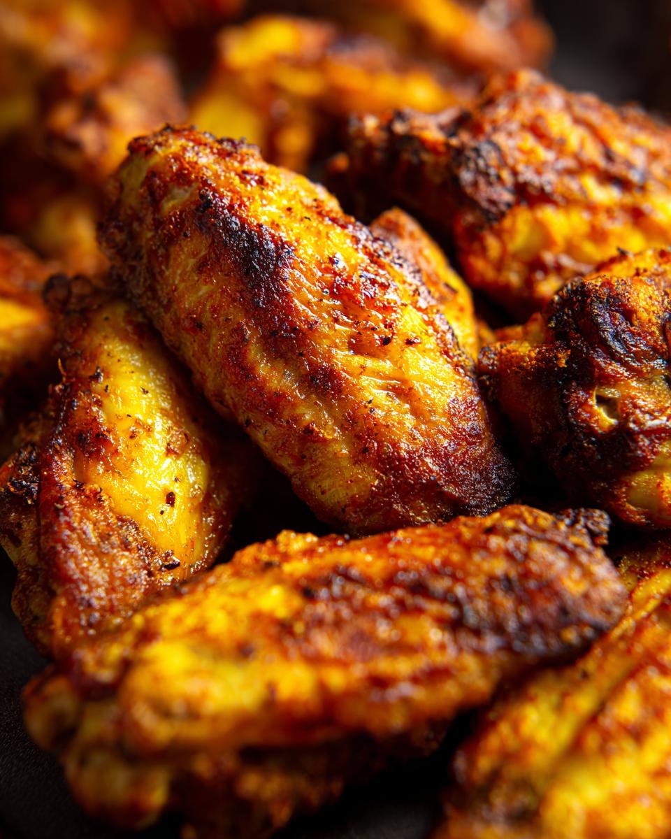A close-up, mouthwatering shot of perfectly Crispy Air Fryer Chicken Wings, golden brown and ready to be enjoyed.