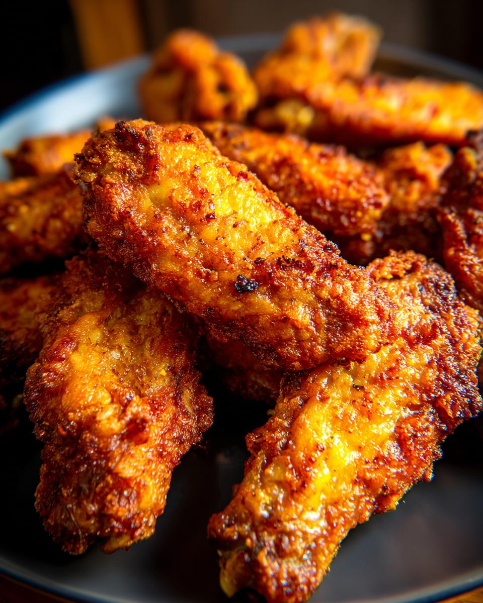Close-up of a pile of golden-brown Crispy Air Fryer Chicken Wings on a dark plate.