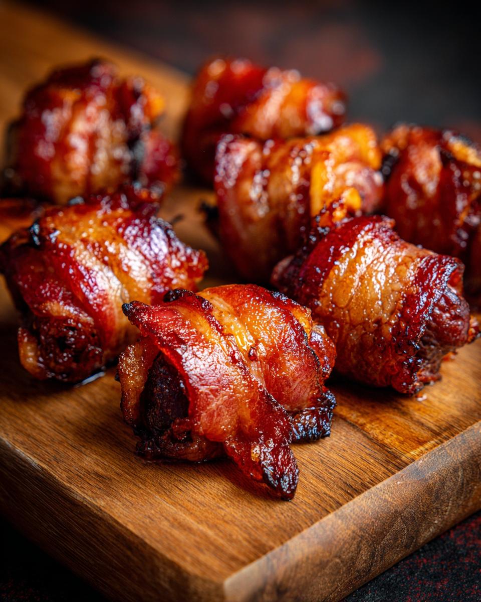 Close-up of delicious crispy bacon-wrapped dates on a wooden board, a perfect sweet and savory appetizer.
