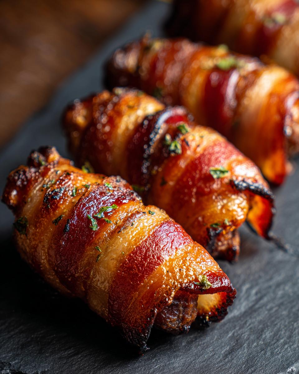 Close-up of crispy bacon-wrapped dates, a sweet and savory appetizer, sprinkled with fresh herbs.