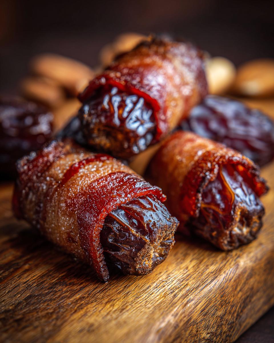 Close-up of delicious Crispy Bacon-Wrapped Dates appetizer on a wooden board, with almonds in the background.