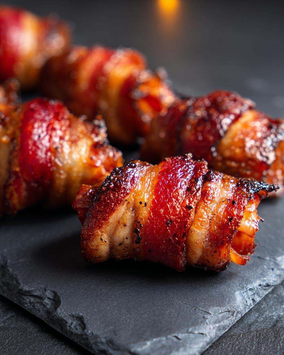 Close-up of crispy bacon-wrapped dates, a sweet and savory appetizer, on a dark slate.
