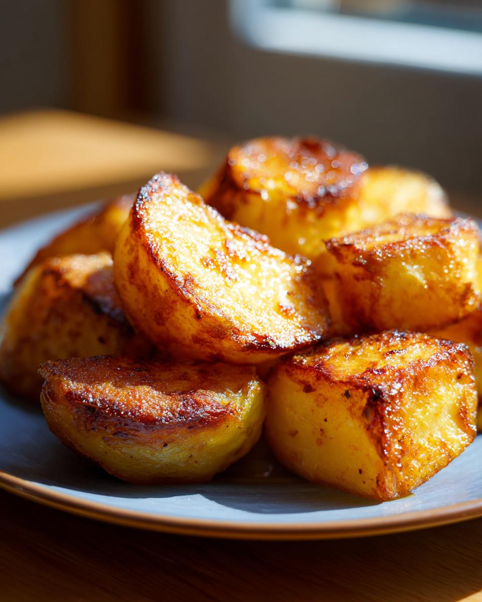 Close-up of a pile of perfectly Crispy Roast Potatoes, golden brown and glistening, served on a blue plate.