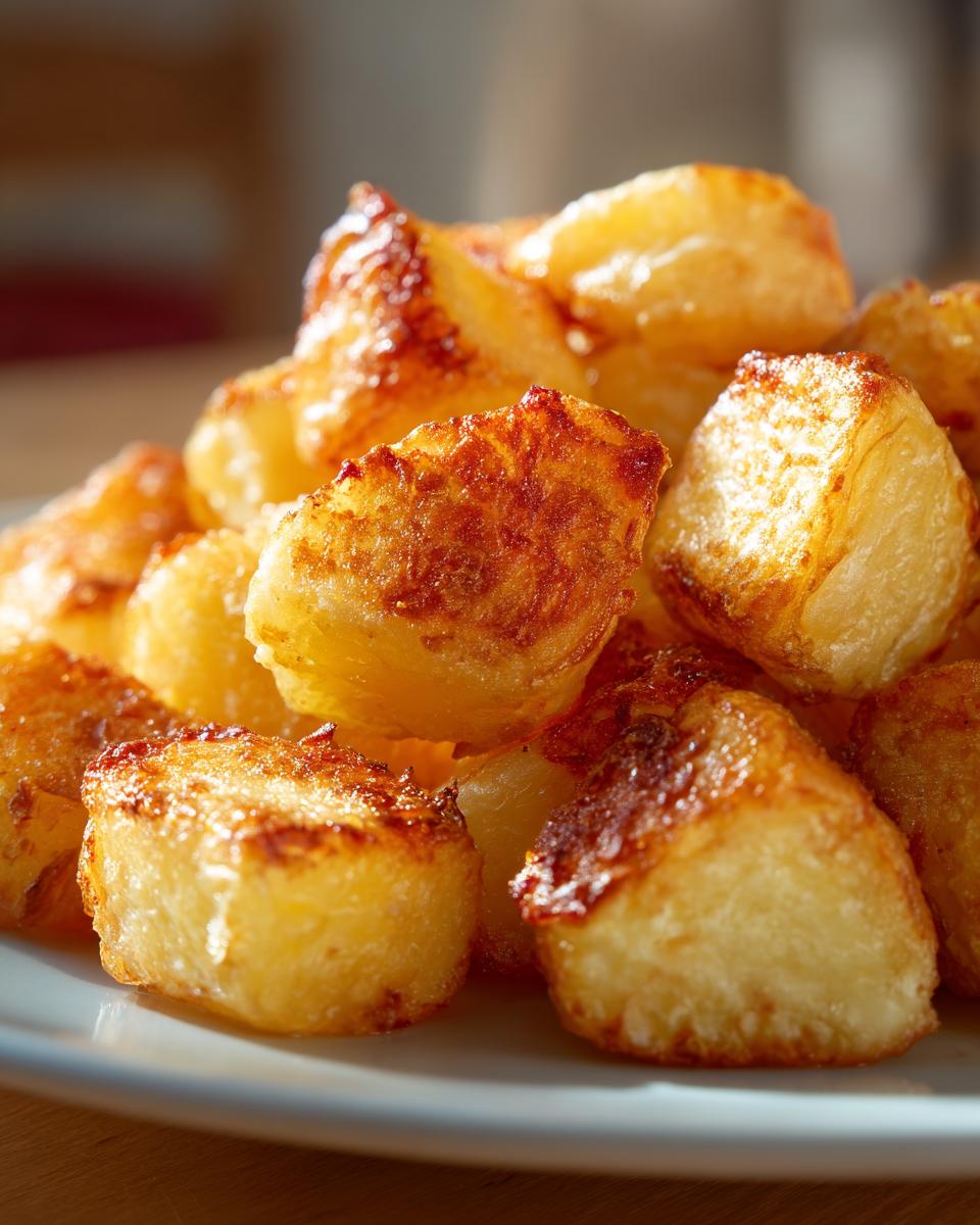 A close-up shot of a pile of perfectly golden and crispy roast potatoes.