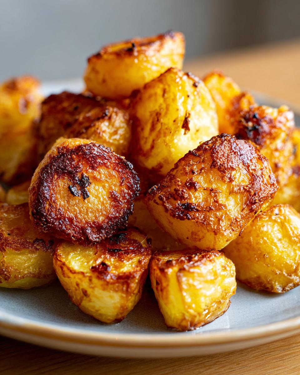 A close-up shot of a pile of golden brown, perfectly Crispy Roast Potatoes on a grey plate.