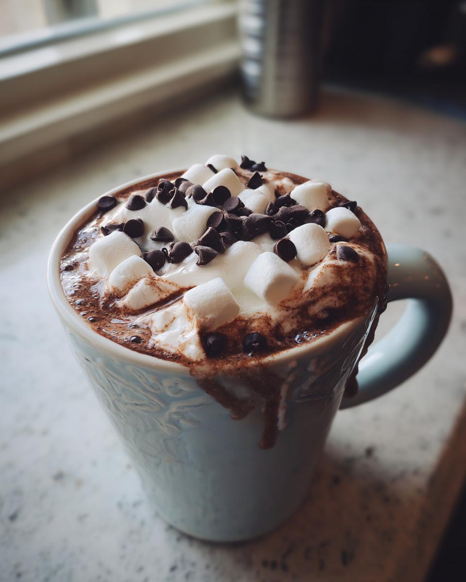A close-up of a mug filled with Deluxe Hot Chocolate, topped with whipped cream, mini marshmallows, and chocolate chips.