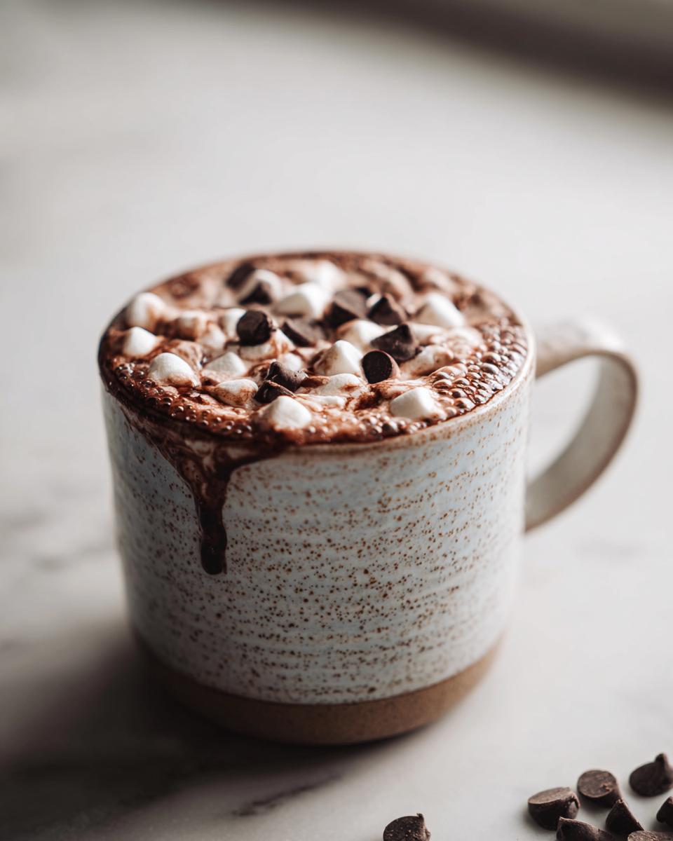 A close-up of a mug filled with Deluxe Hot Chocolate, topped with marshmallows and chocolate chips.