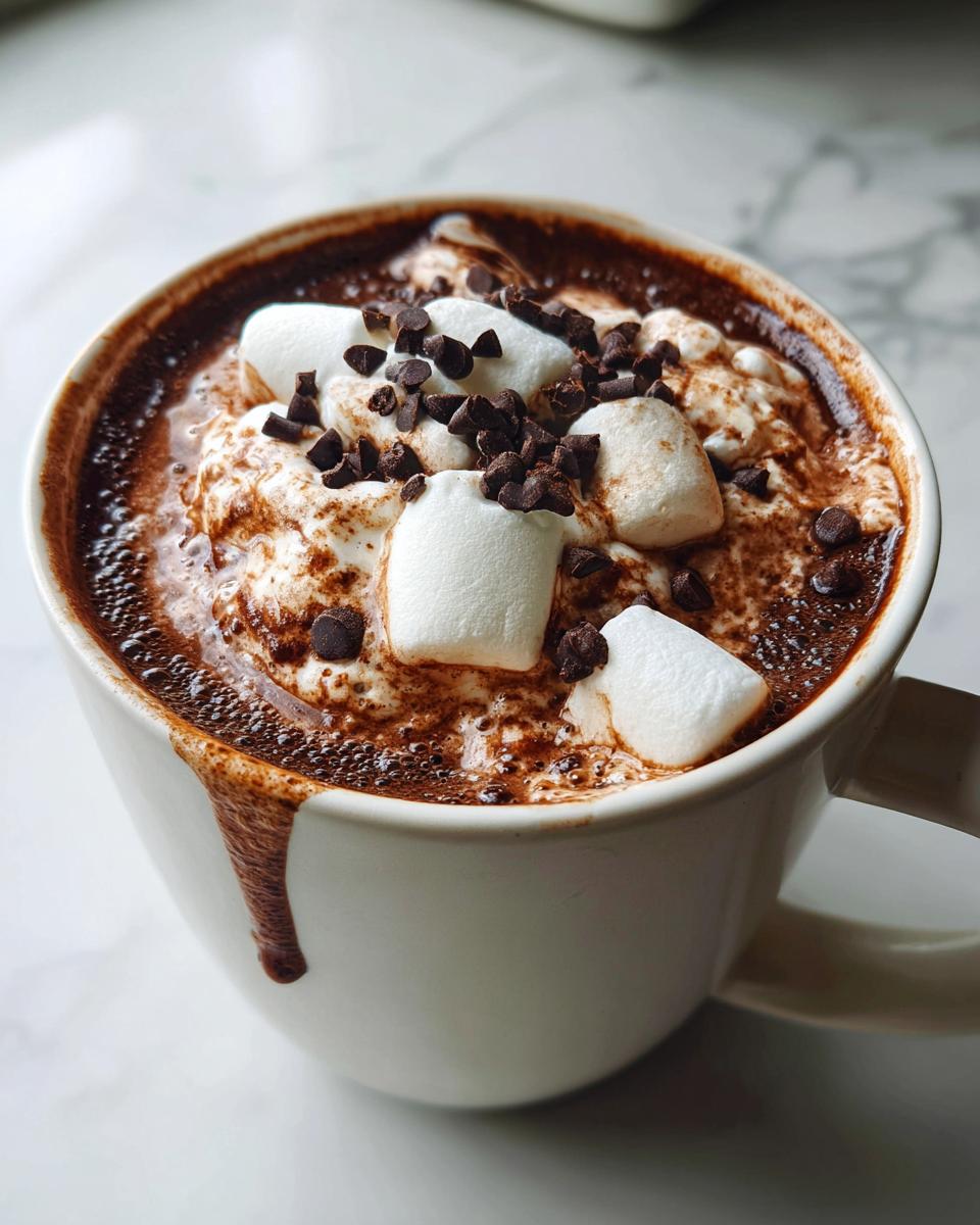 A close-up of a mug filled with rich Deluxe Hot Chocolate, topped with whipped cream, marshmallows, and chocolate chips.