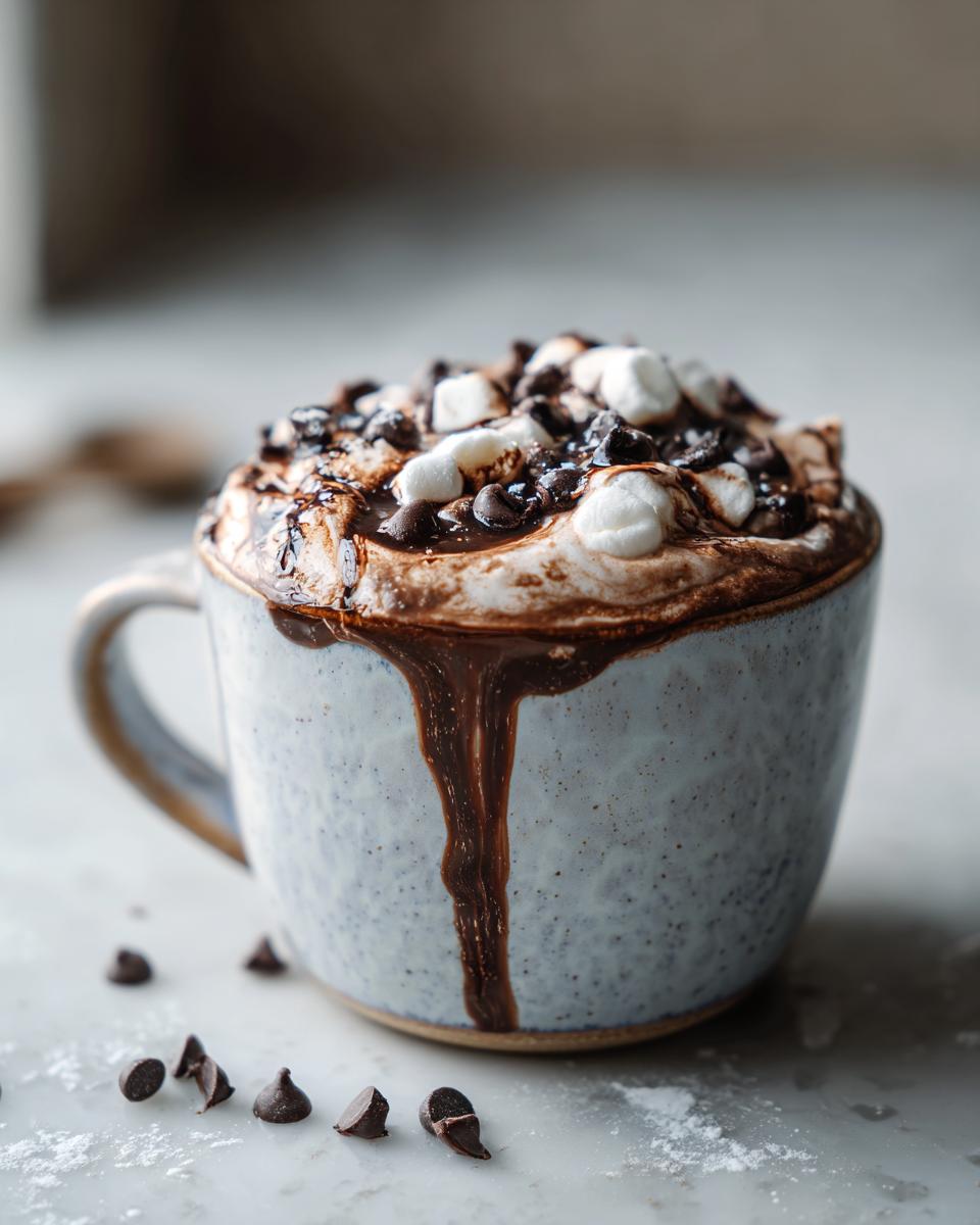 A mug overflowing with Deluxe Hot Chocolate, topped with marshmallows, chocolate chips, and a rich chocolate drizzle.