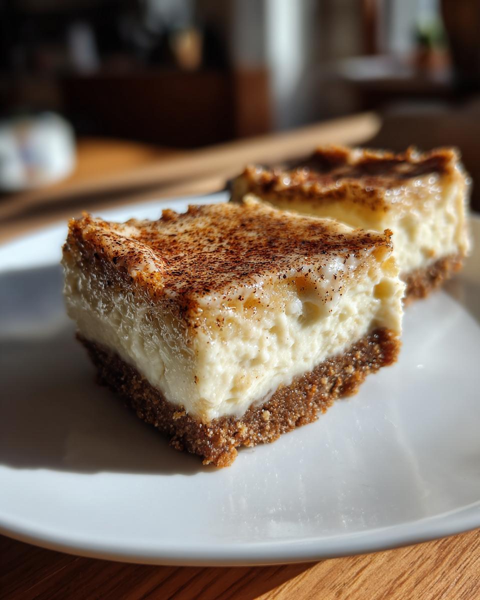 Two slices of Eggnog Cheesecake Bars topped with cinnamon on a white plate.