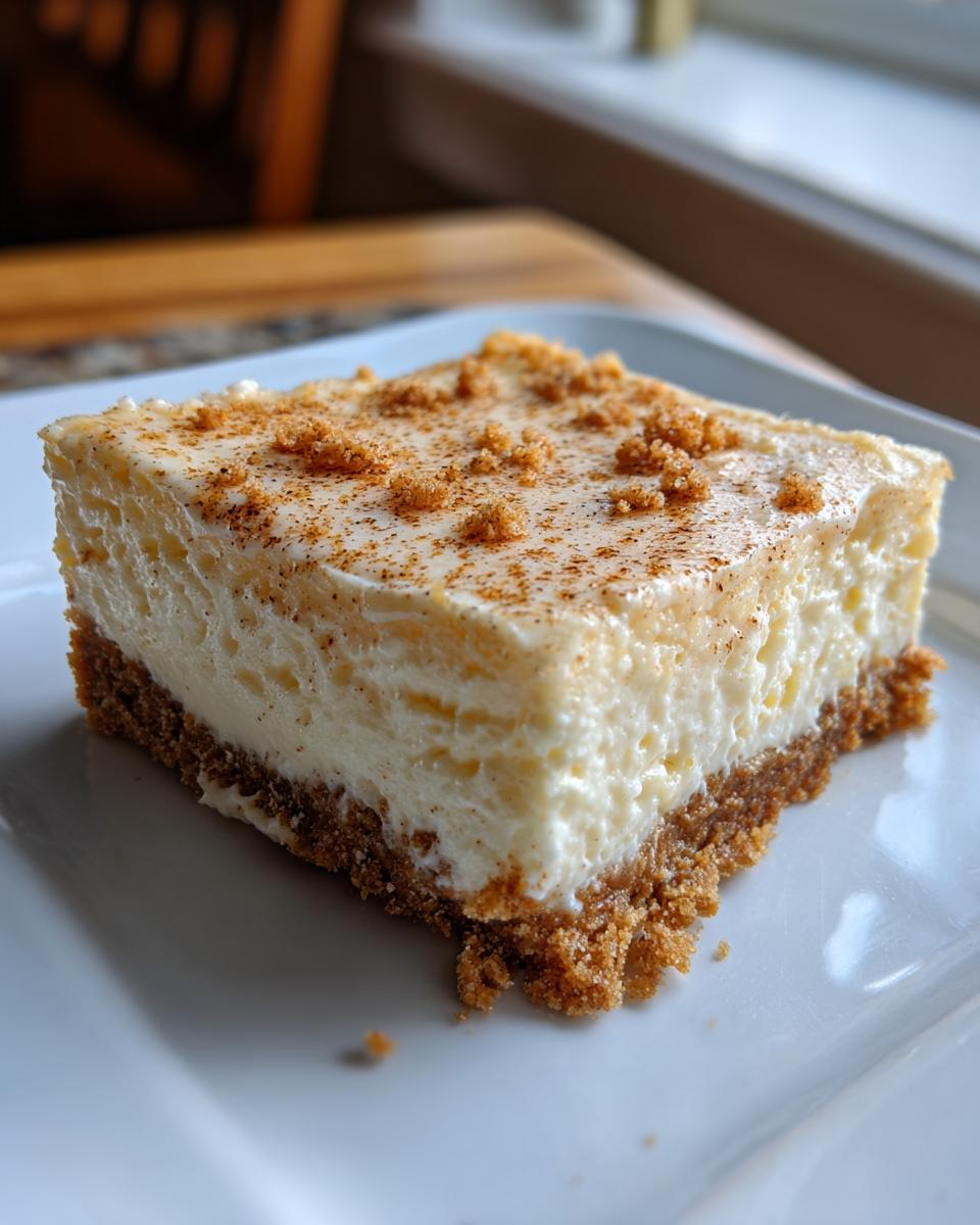 A close-up of a creamy Eggnog Cheesecake Bar with a graham cracker crust, sprinkled with cinnamon.