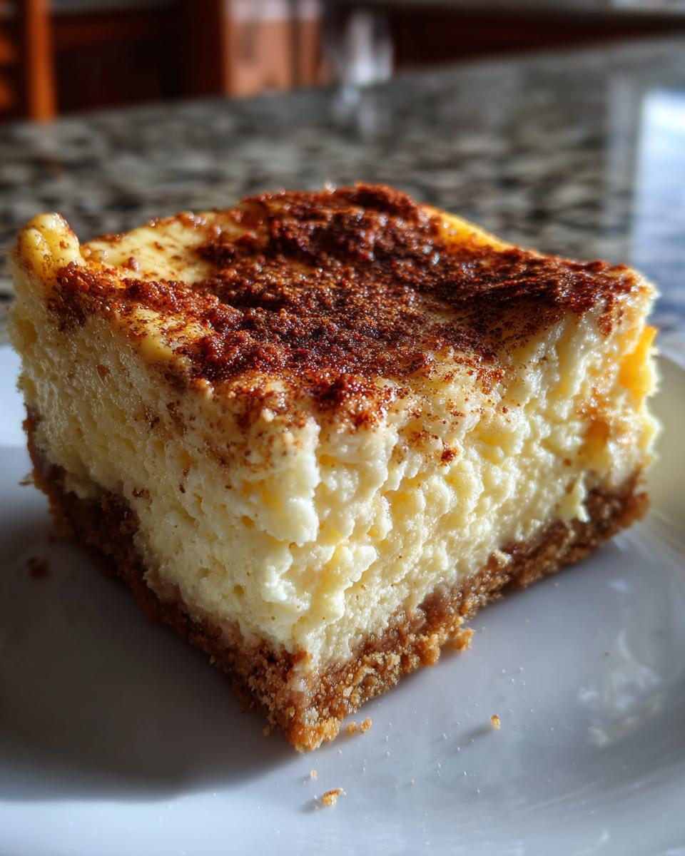 A close-up of a creamy Eggnog Cheesecake Bar slice topped with cinnamon on a white plate.