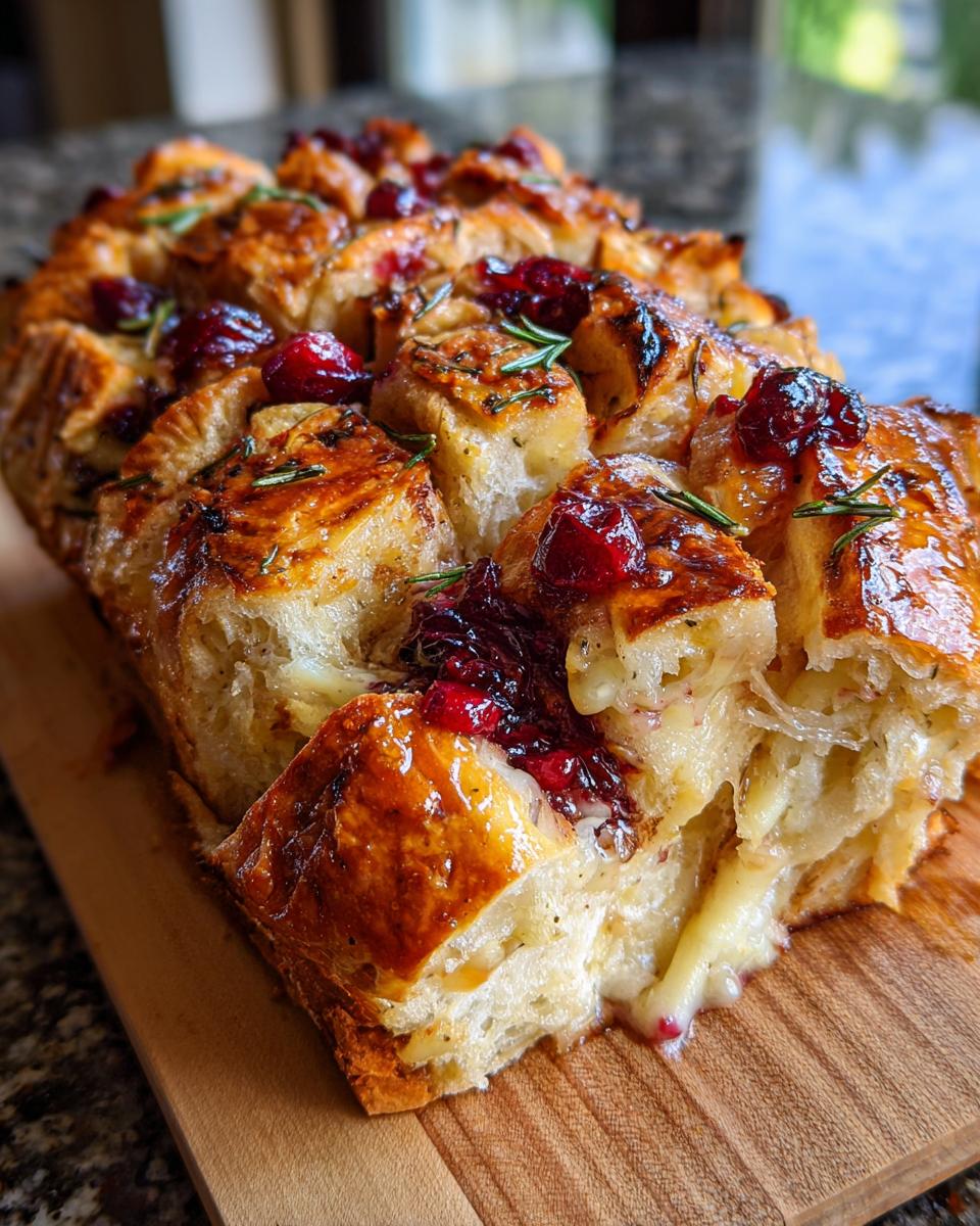 Close-up of Festive Cranberry Brie Pull-Apart Bread with melted brie cheese, cranberries, and rosemary.