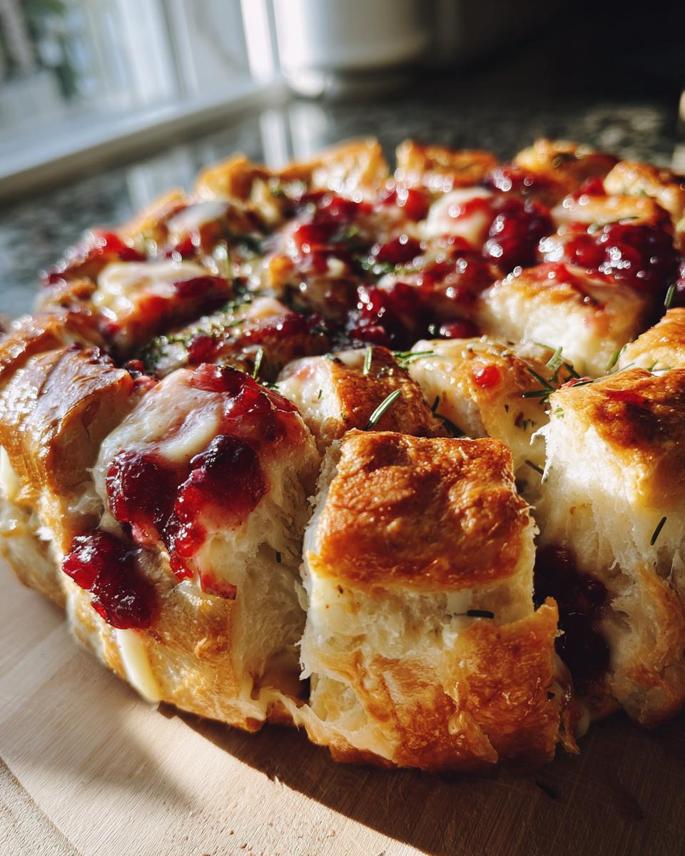 Close-up of Festive Cranberry Brie Pull-Apart Bread with melted cheese and cranberry topping.