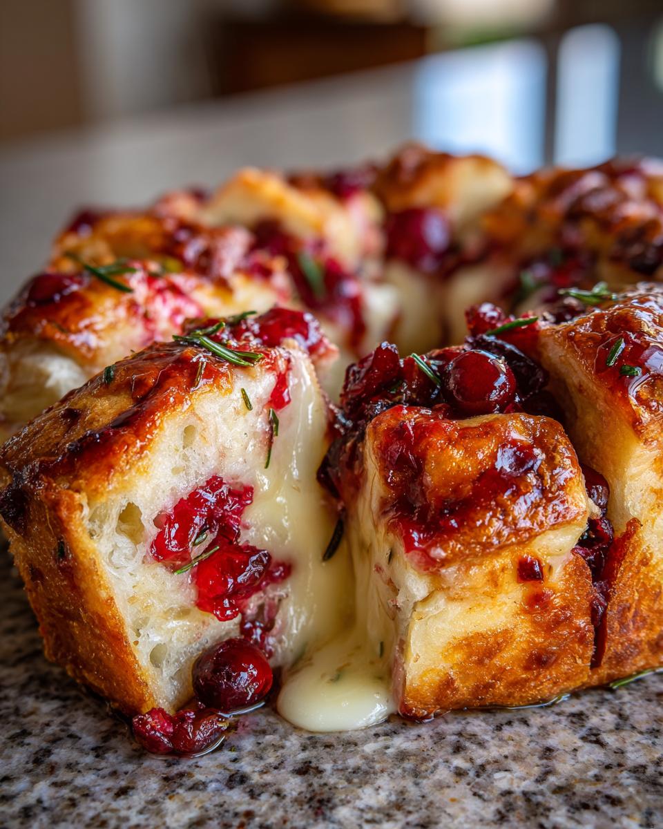 Close-up of Festive Cranberry Brie Pull-Apart Bread with melted brie oozing out and topped with cranberries and rosemary.