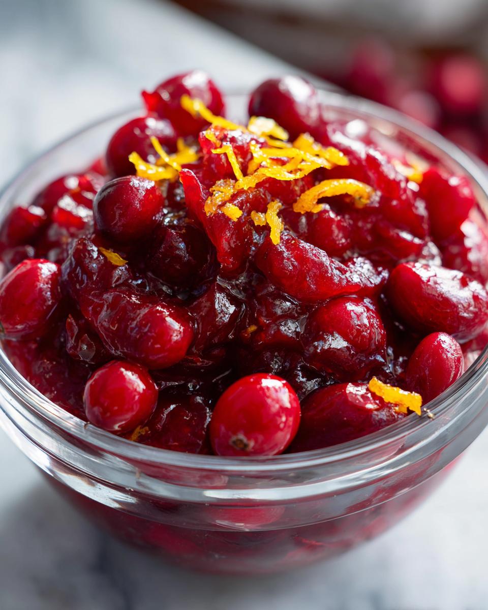 Close-up of fresh cranberry-orange sauce in a glass bowl, garnished with orange zest.