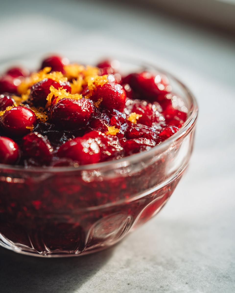 Close-up of fresh cranberry-orange sauce in a glass bowl, topped with orange zest.