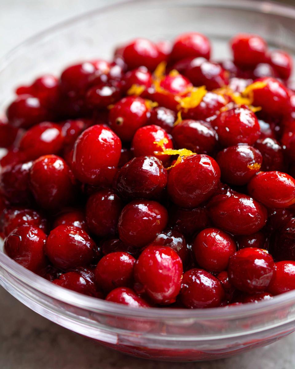 Close-up of a clear bowl filled with glistening fresh cranberries and orange zest, ready for cranberry-orange sauce.